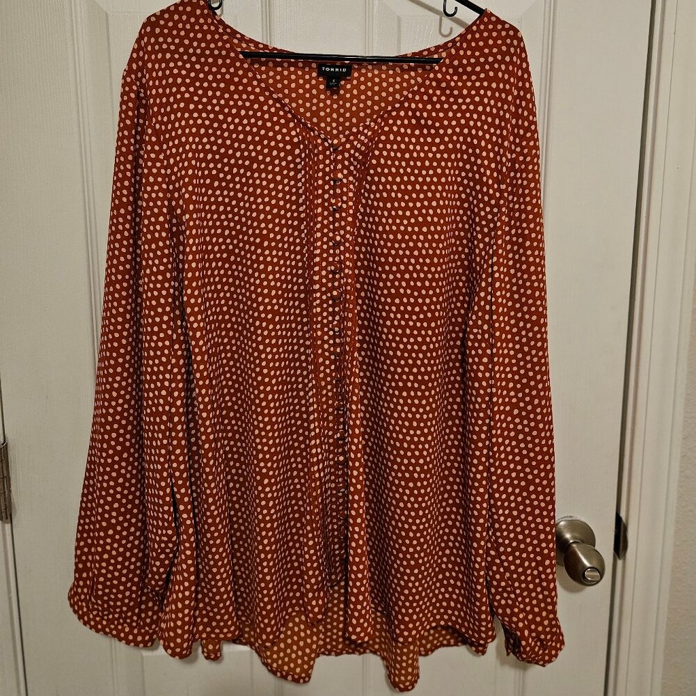 Torrid Red Polka Dot Blouse Top Button Up Long Sleeve Tunic Size 4